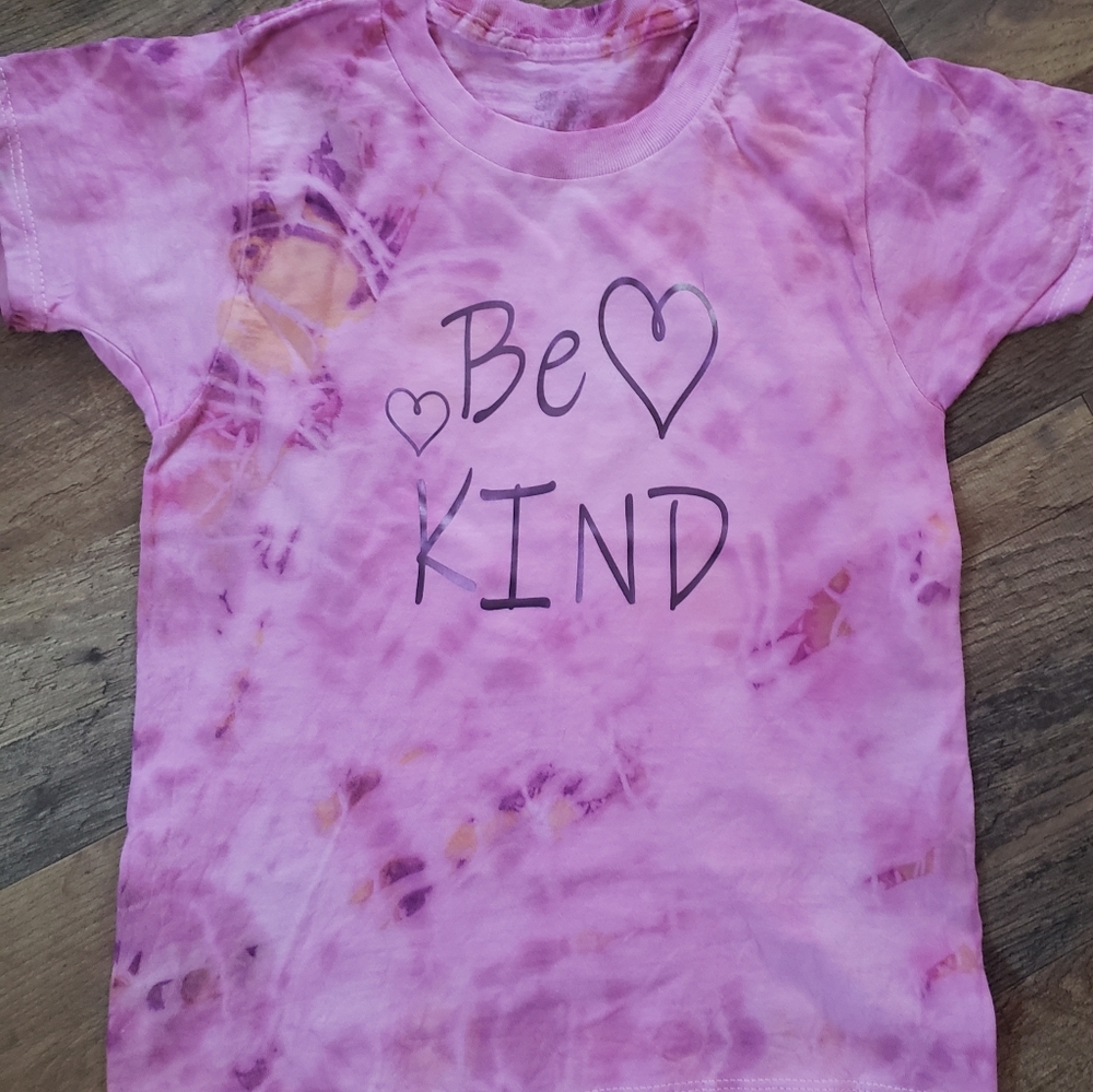 Child pink&orange tie dyed. Short sleeve cotton t-shirt. 4/5t. NWOT. "BE KIND"